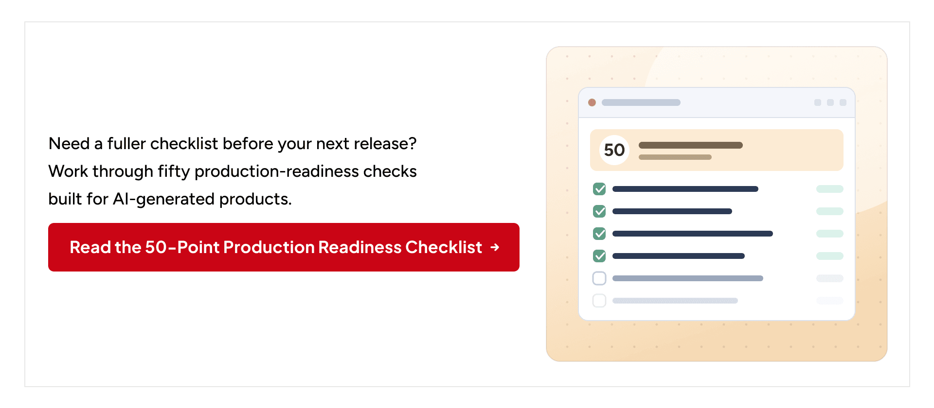 Review 50 production-readiness checks for AI-generated products before release.