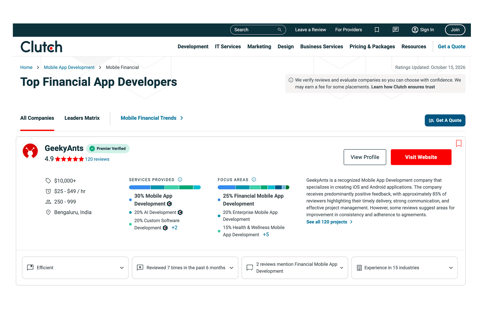 GeekyAnts ranked as a top financial app development partner on Clutch with key ratings and service breakdown.