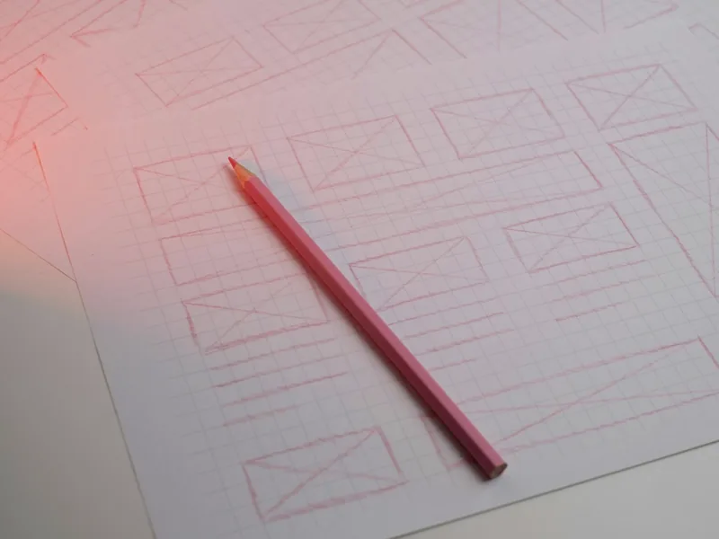 Hand-drawn app wireframes on grid paper with a red pencil