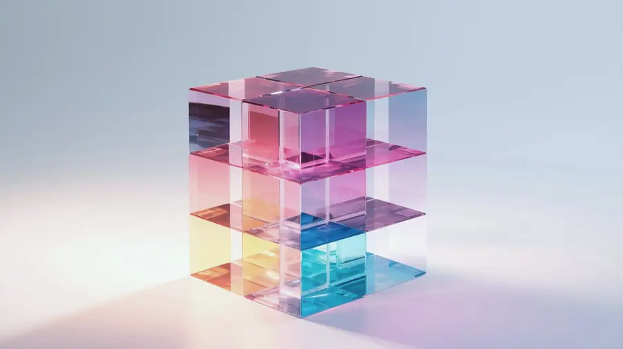Multicoloured glass cube on a white ground