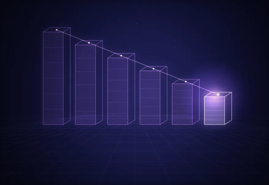 Wireframe columns stepping down to a lit low point