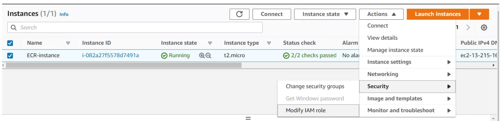 Step3: Click on Security and then click on Modify IAM role.