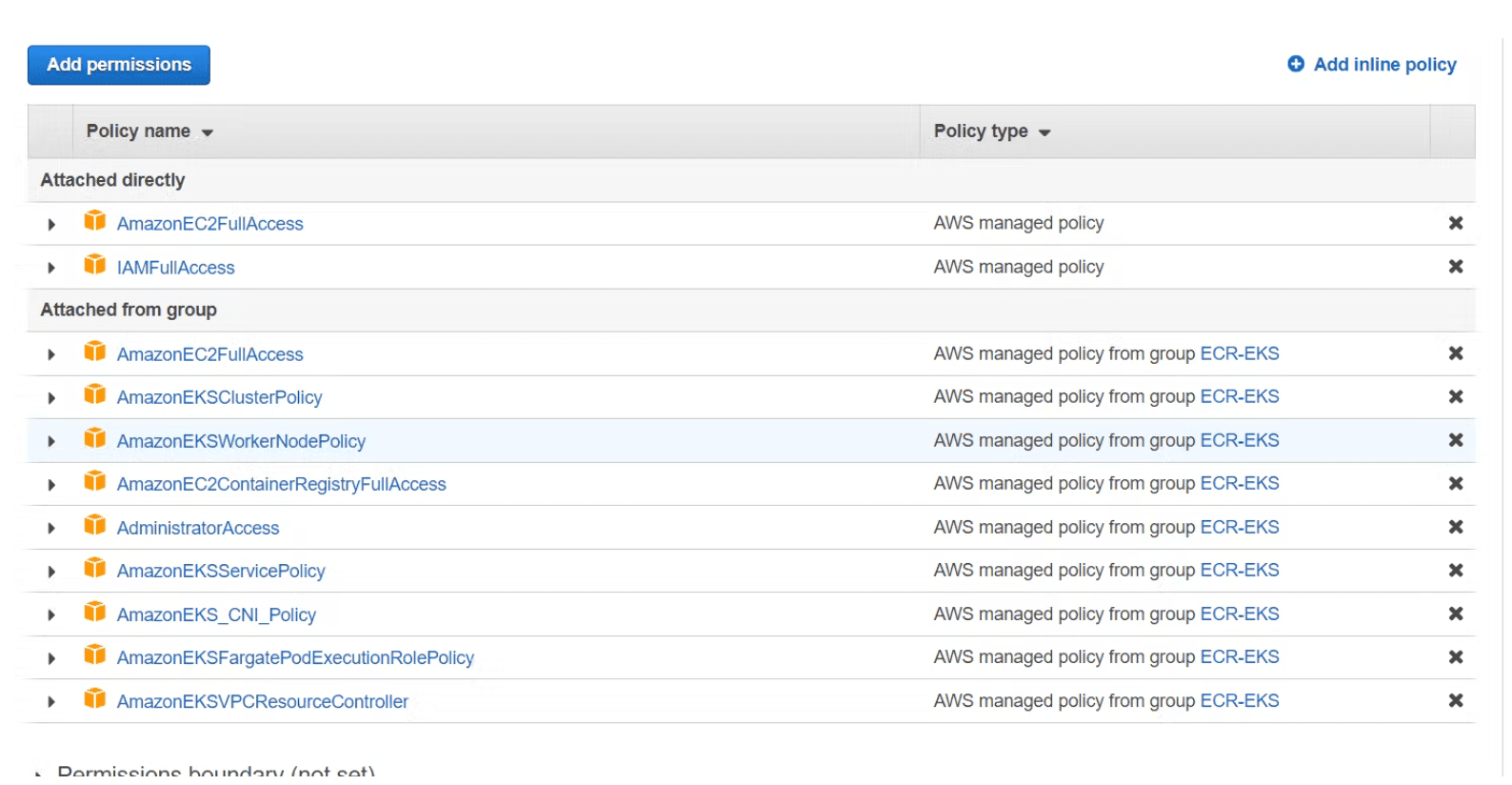 Step 7: Attach ECR and EKS policies to the role and press next : same way attach ECR and EKS full access to IAM User also.