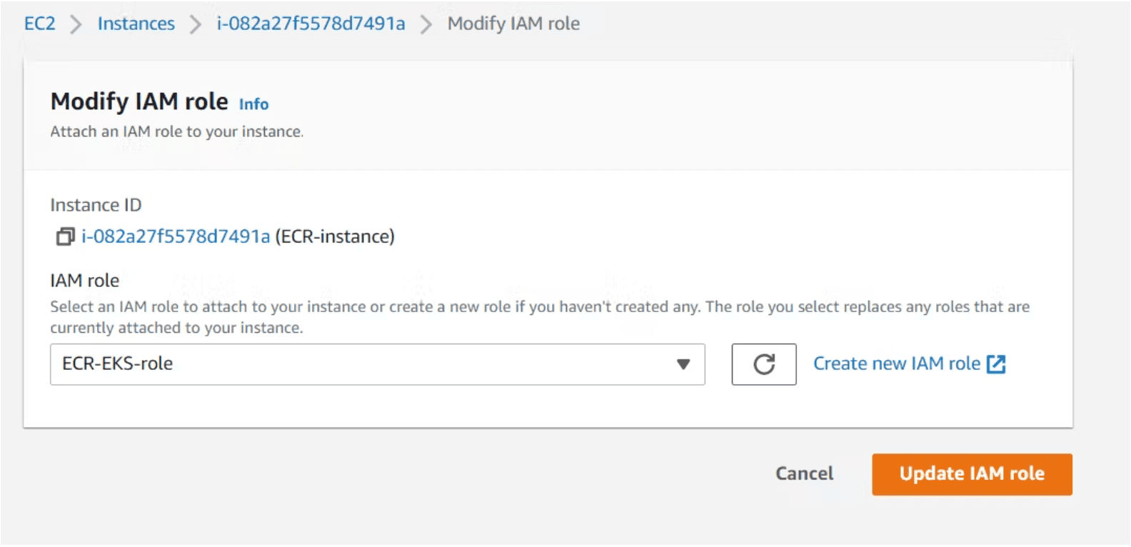 Step 10: Come back to the instance and attach the IAM role to the instance and click on “Update IAM role”.