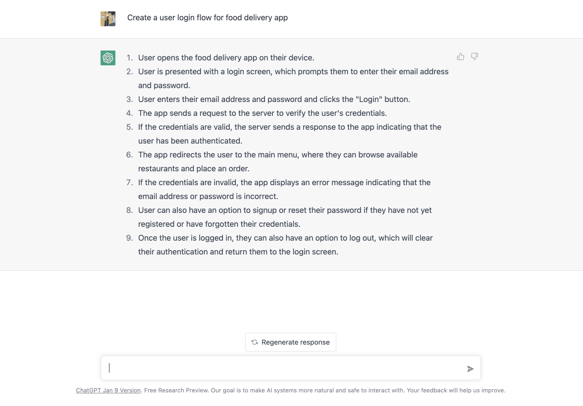 ChatGPT gives ideas on the user flow of a food delivery app