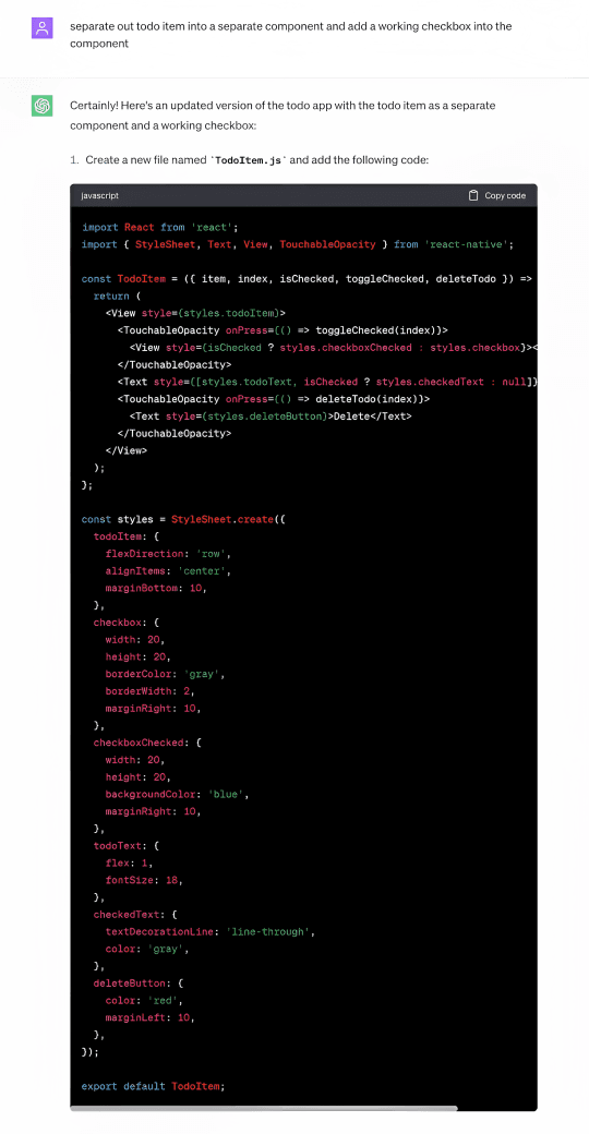 Image shows the output after adding the prompt “separate out todo item into s separate component and add a working checkbox into the component” in chatgpt