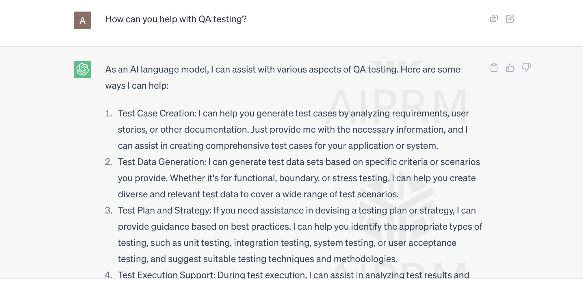 Asking ChatGPT “ how can you help with QA testing?” and the output generated by ChatGPT