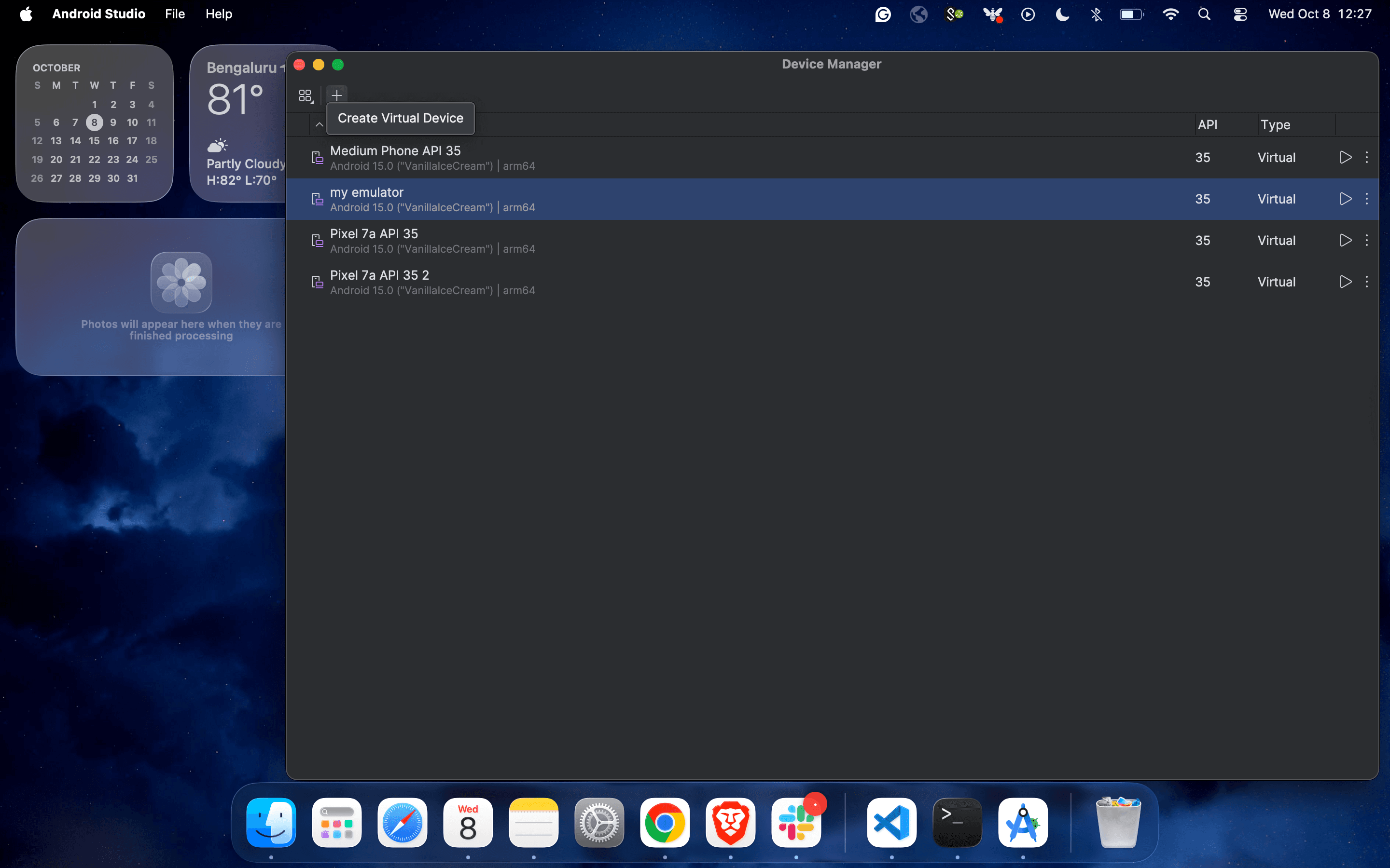 Creating a new Android virtual device using the plus icon in Android Studio Device Manager.