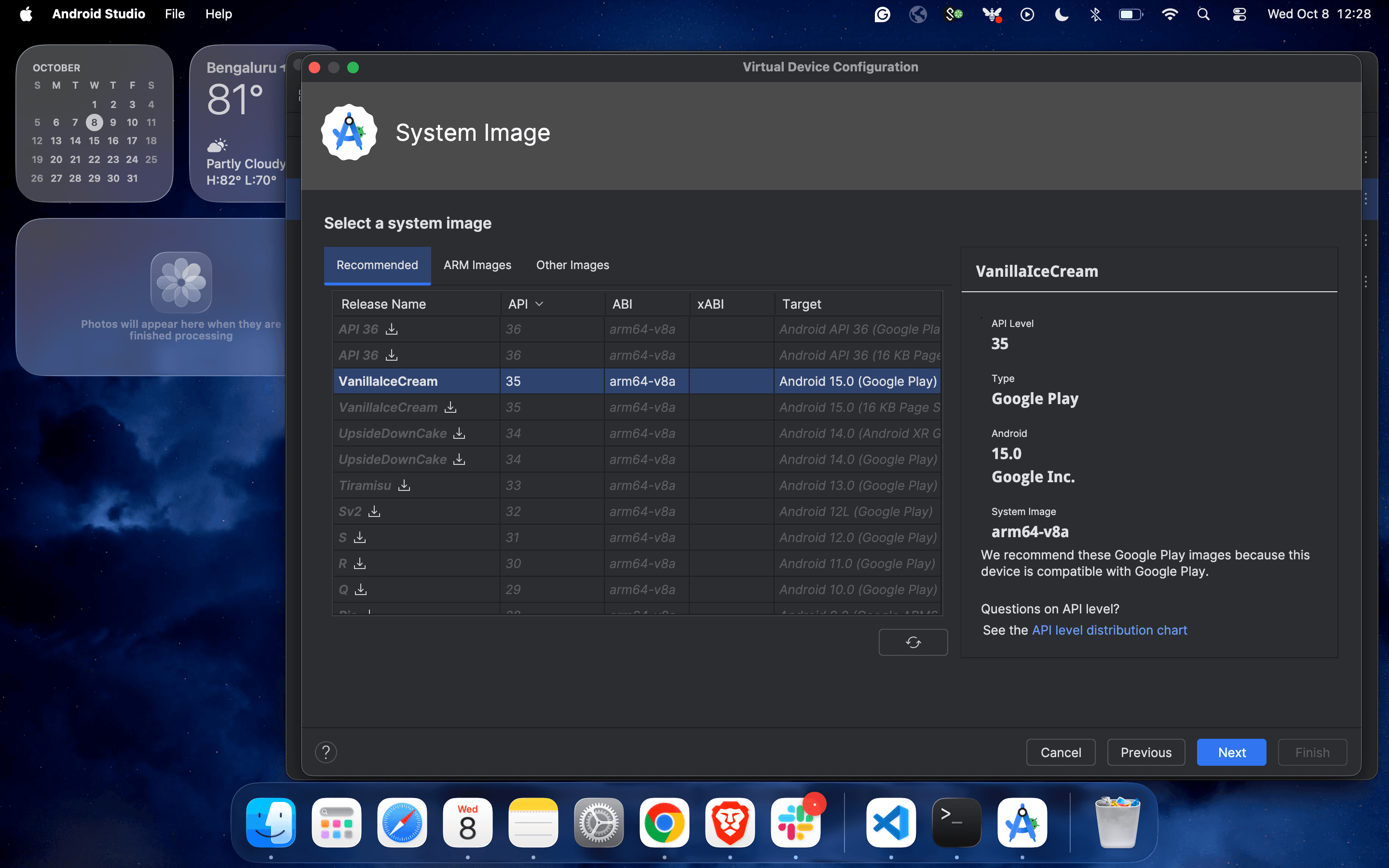 Android Studio AVD setup displaying available Android system images for download