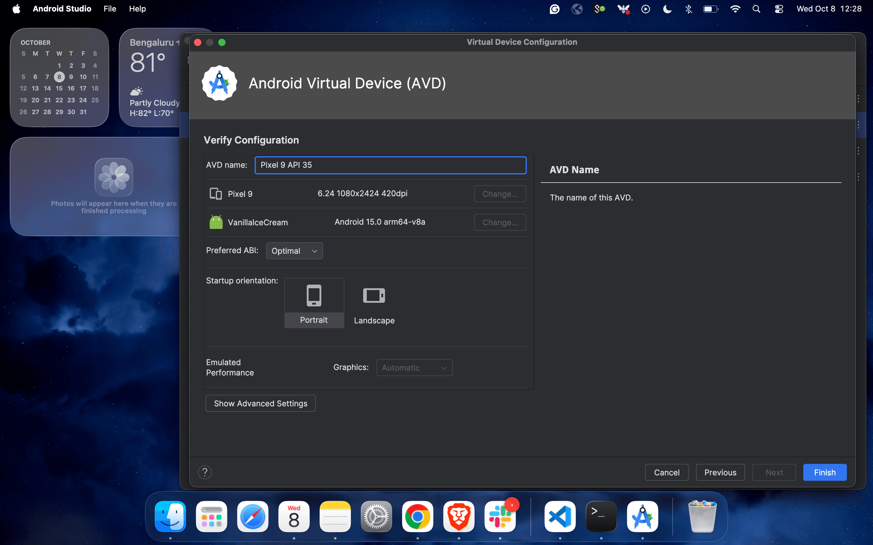 Android Studio Verify Configuration dialog with editable AVD name field