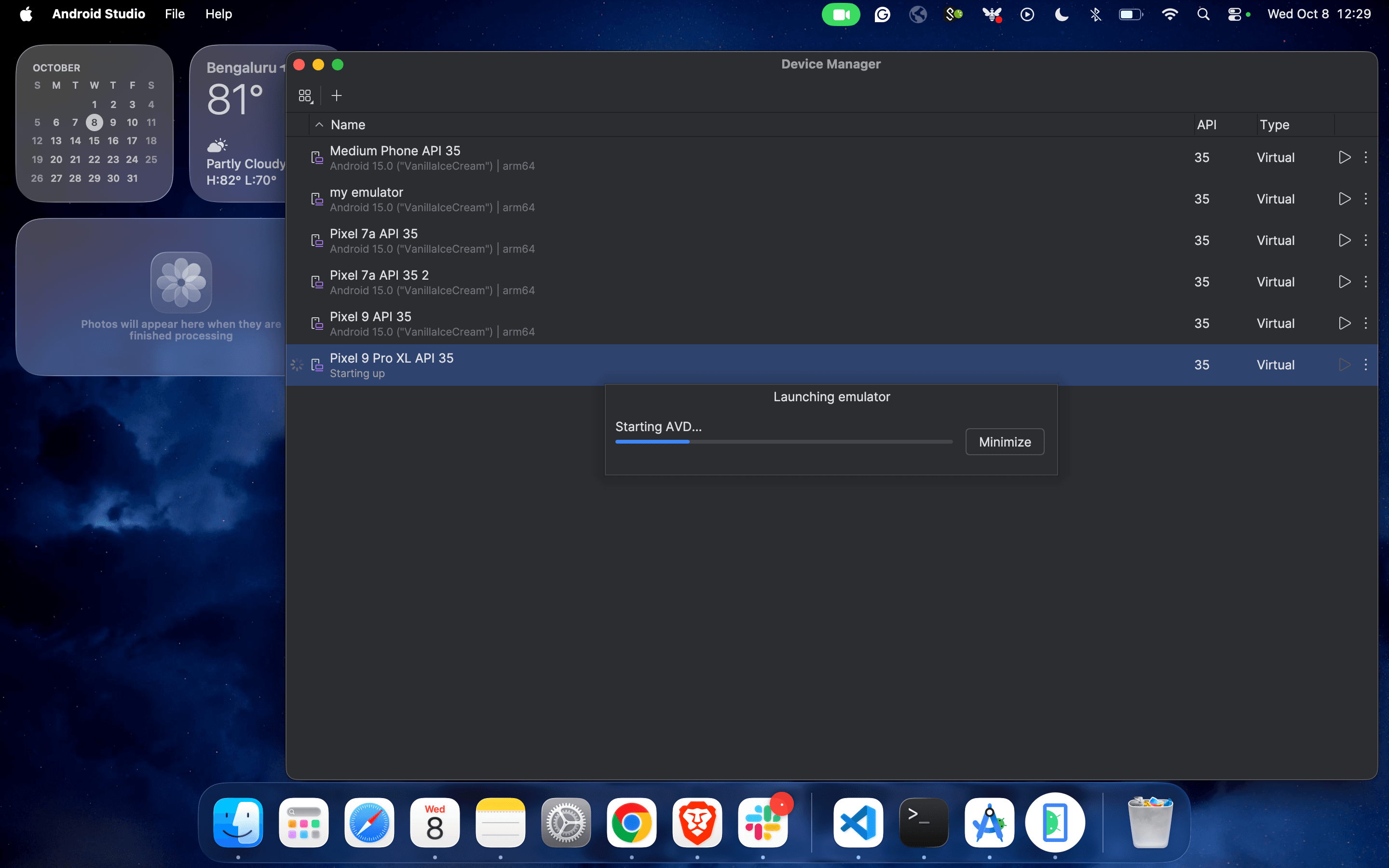 Device Manager with virtual devices listed and emulator launch progress dialog