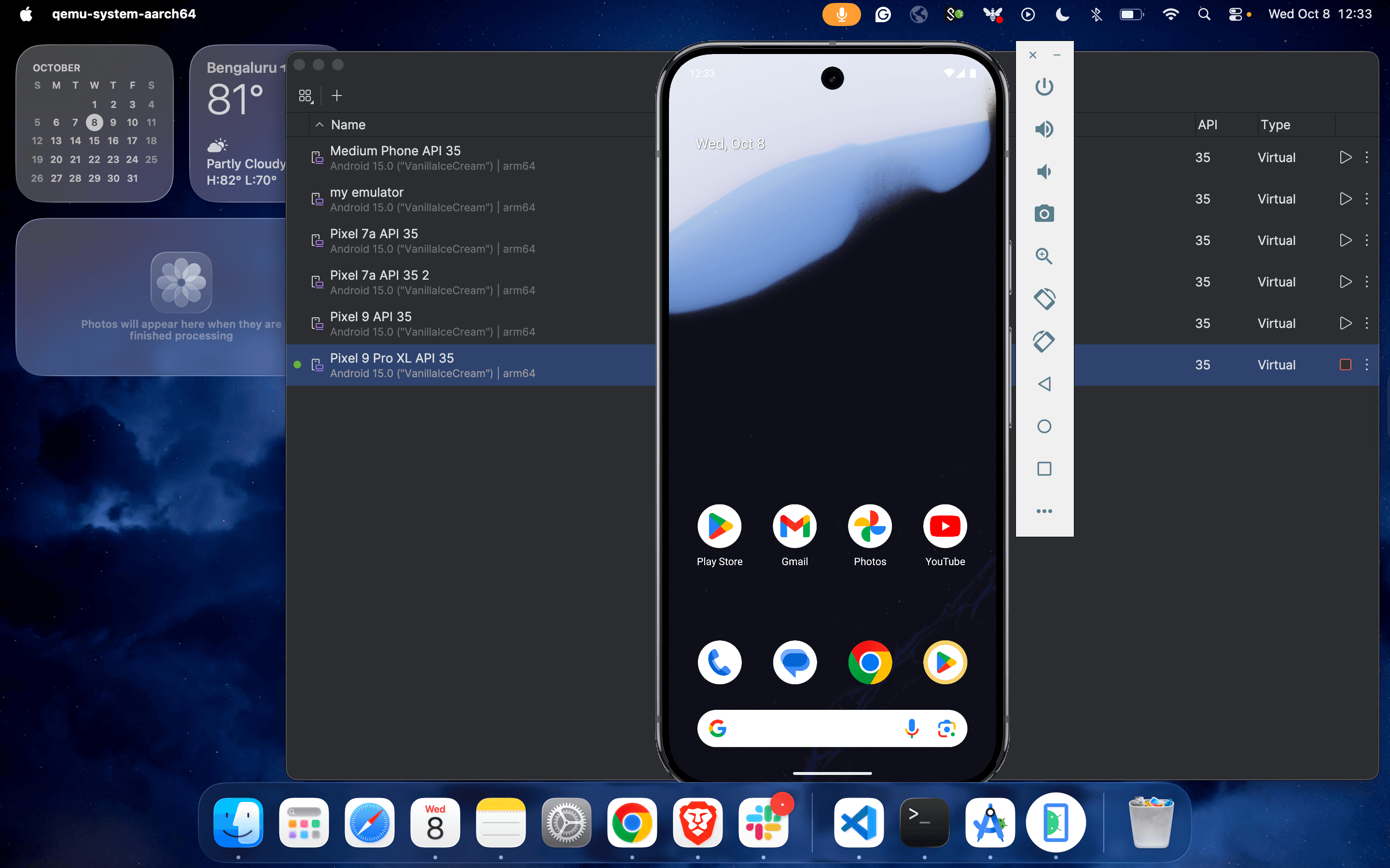 Active Android virtual device with app icons visible next to Device Manager list