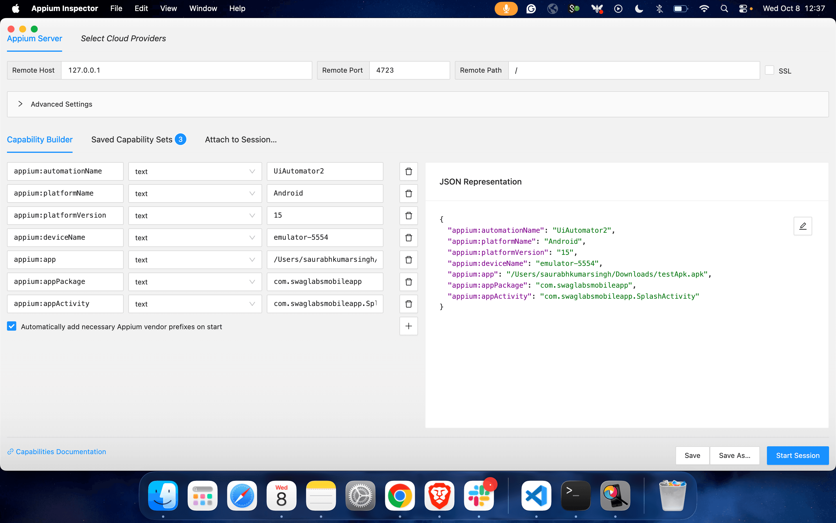 Appium Inspector interface with capability settings and JSON representation panel