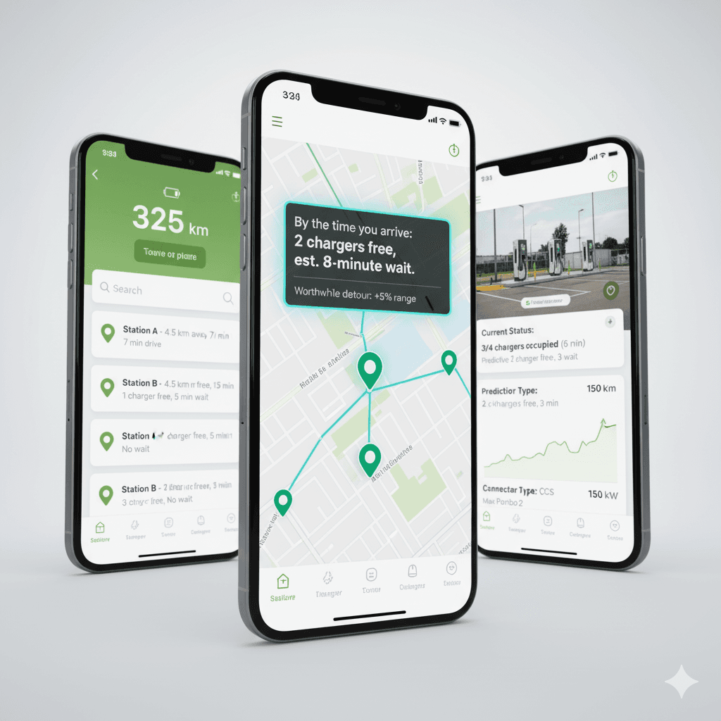 EV charging app showing live stations and wait times interface