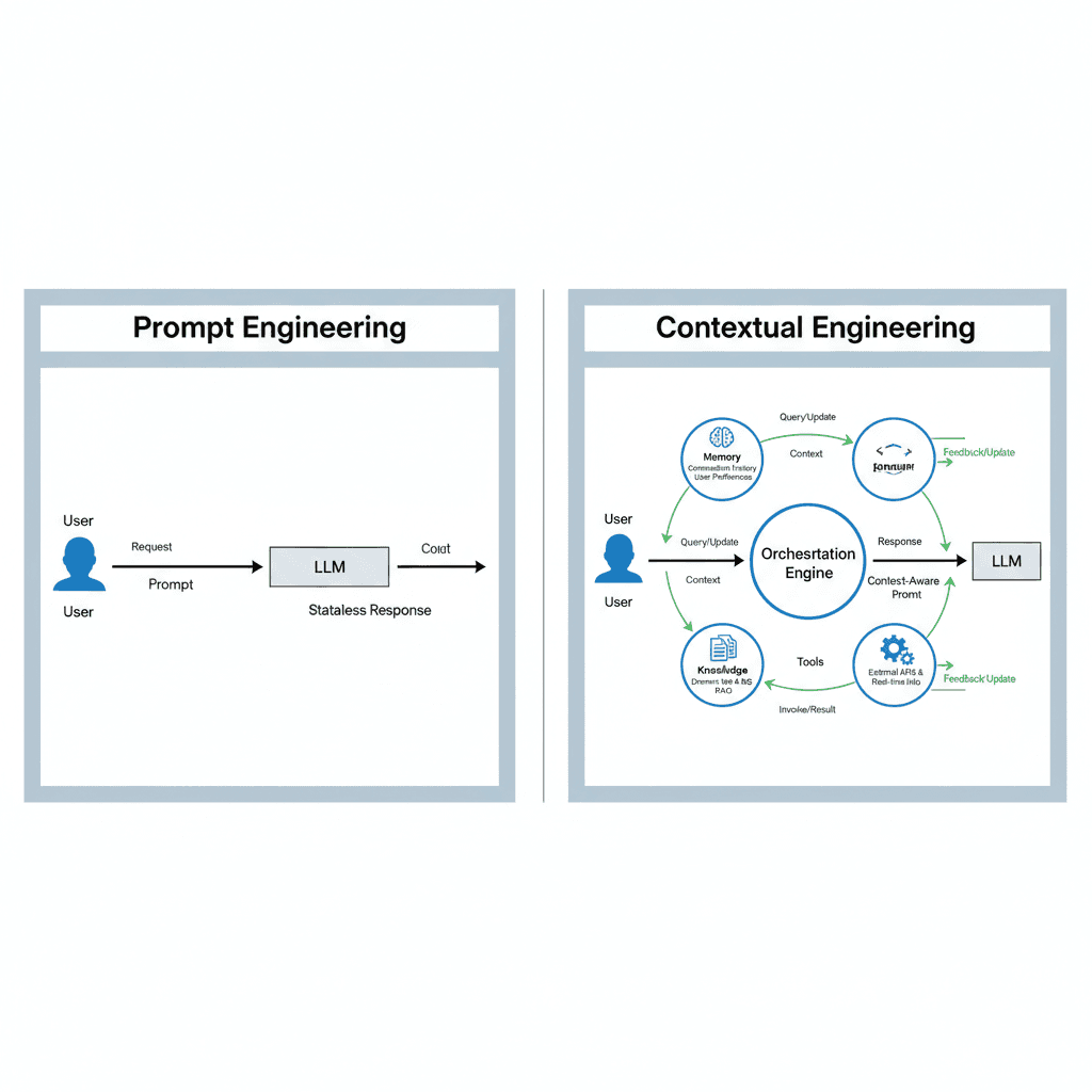 LLM workflow comparison of simple prompting vs contextual system architecture