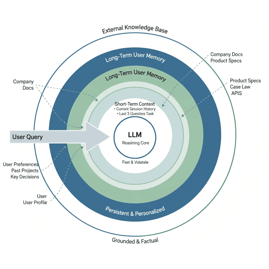 AI system memory design of short-term, long-term, and external knowledge layers