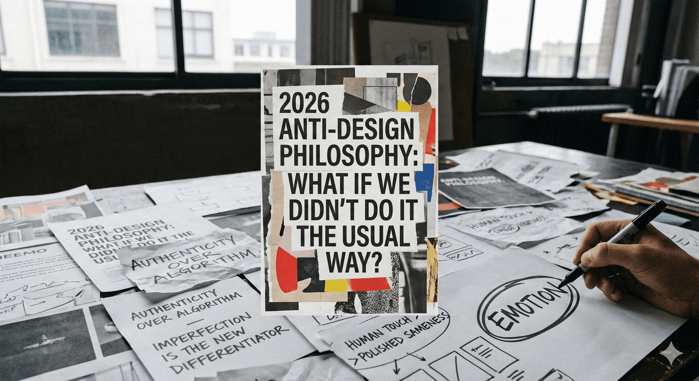 Design system exploration with anti-design poster, sketches, and creative layout ideas on desk