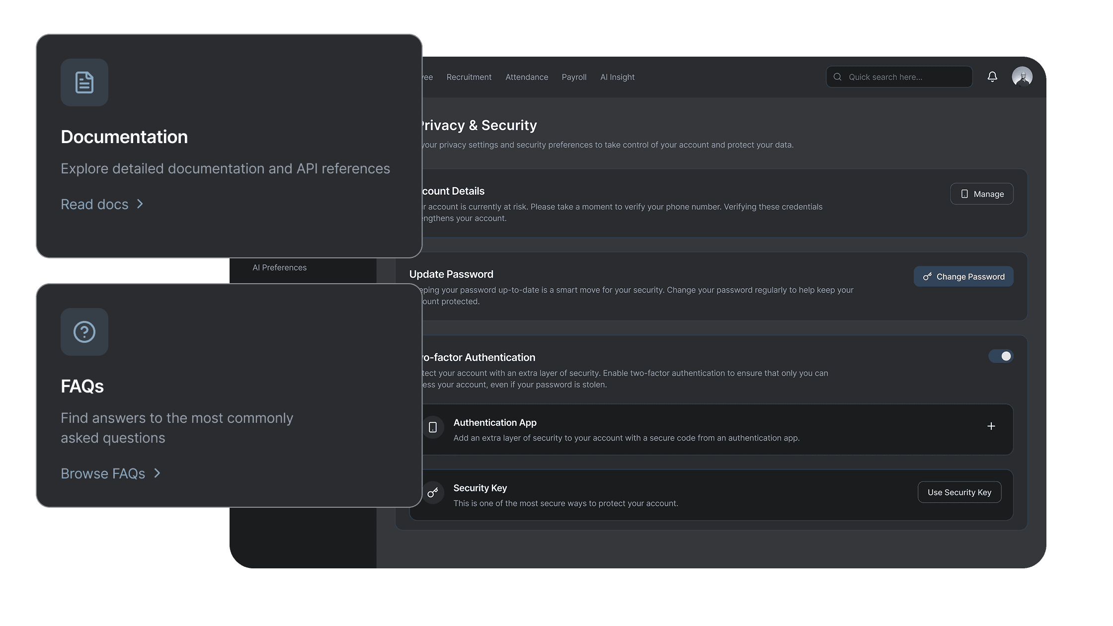 Testing and launch support dashboard with documentation, FAQs, and privacy security settings